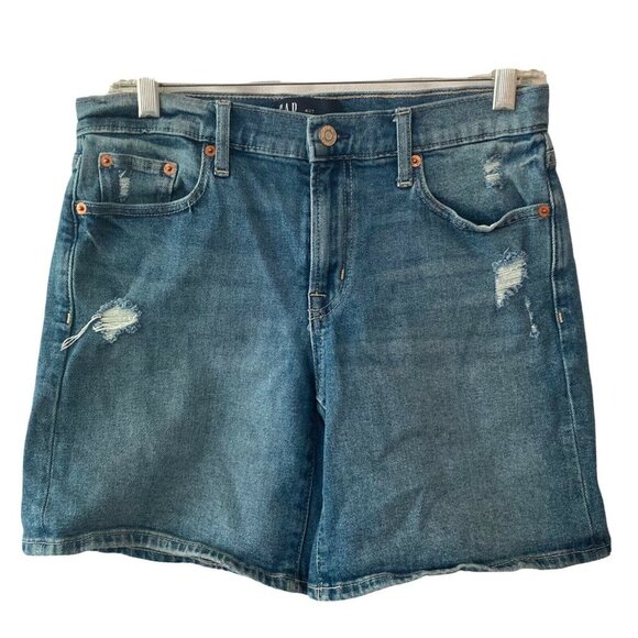 Gap Shorts Bermuda 5" Short Denim Womens Medium Wash Distressed Stretch 4/27 - Picture 1 of 5